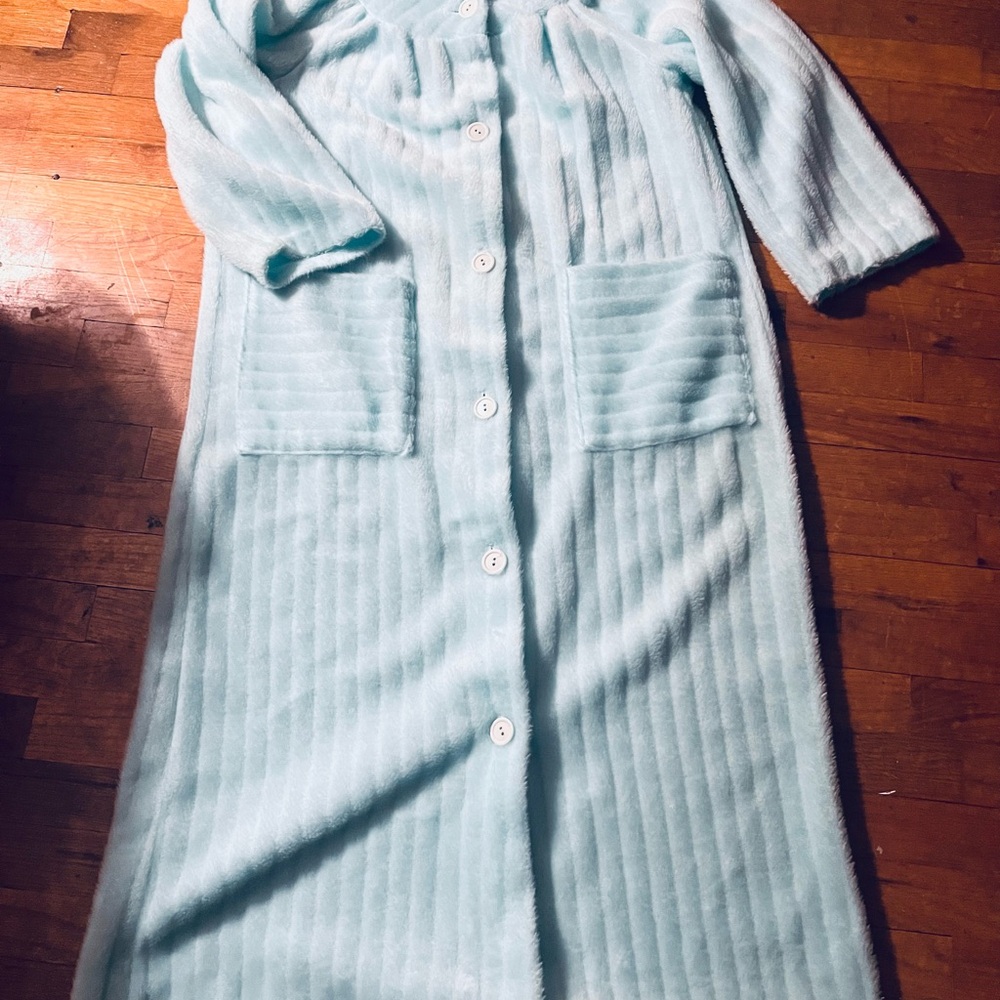 Vintage 60s Lara Dee Cozy Fuzzy Aqua Long Button-Up Robe Nightgown L